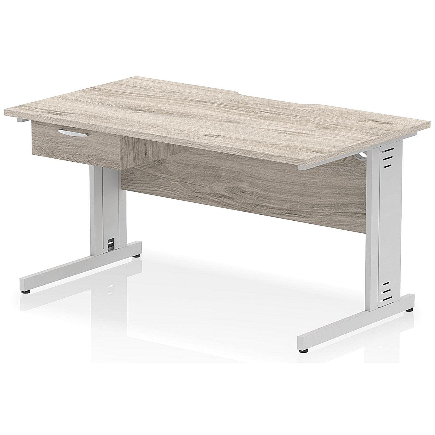 Impulse 1400mm Scalloped Edge Rectangular Desk, Silver Cable Managed Legs, Grey Oak, With 1 x 1 Drawer Fixed Pedestal Easy2Order : I006057