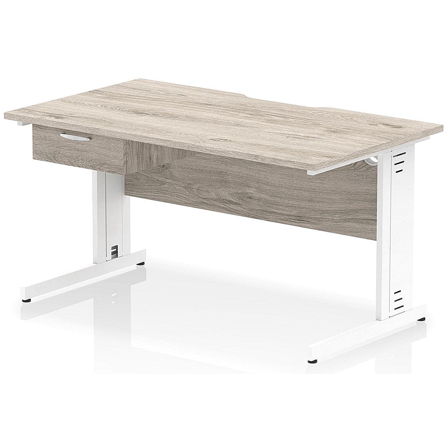 Impulse 1400mm Scalloped Edge Rectangular Desk, White Cable Managed Legs, Grey Oak, With 1 x 1 Drawer Fixed Pedestal Easy2Order : I006058