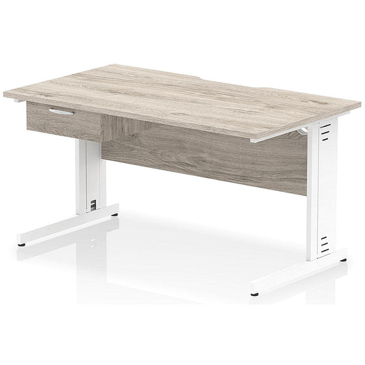 Impulse 1400mm Scalloped Edge Rectangular Desk, White Cable Managed Legs, Grey Oak, With 1 x 1 Drawer Fixed Pedestal Easy2Order : I006058