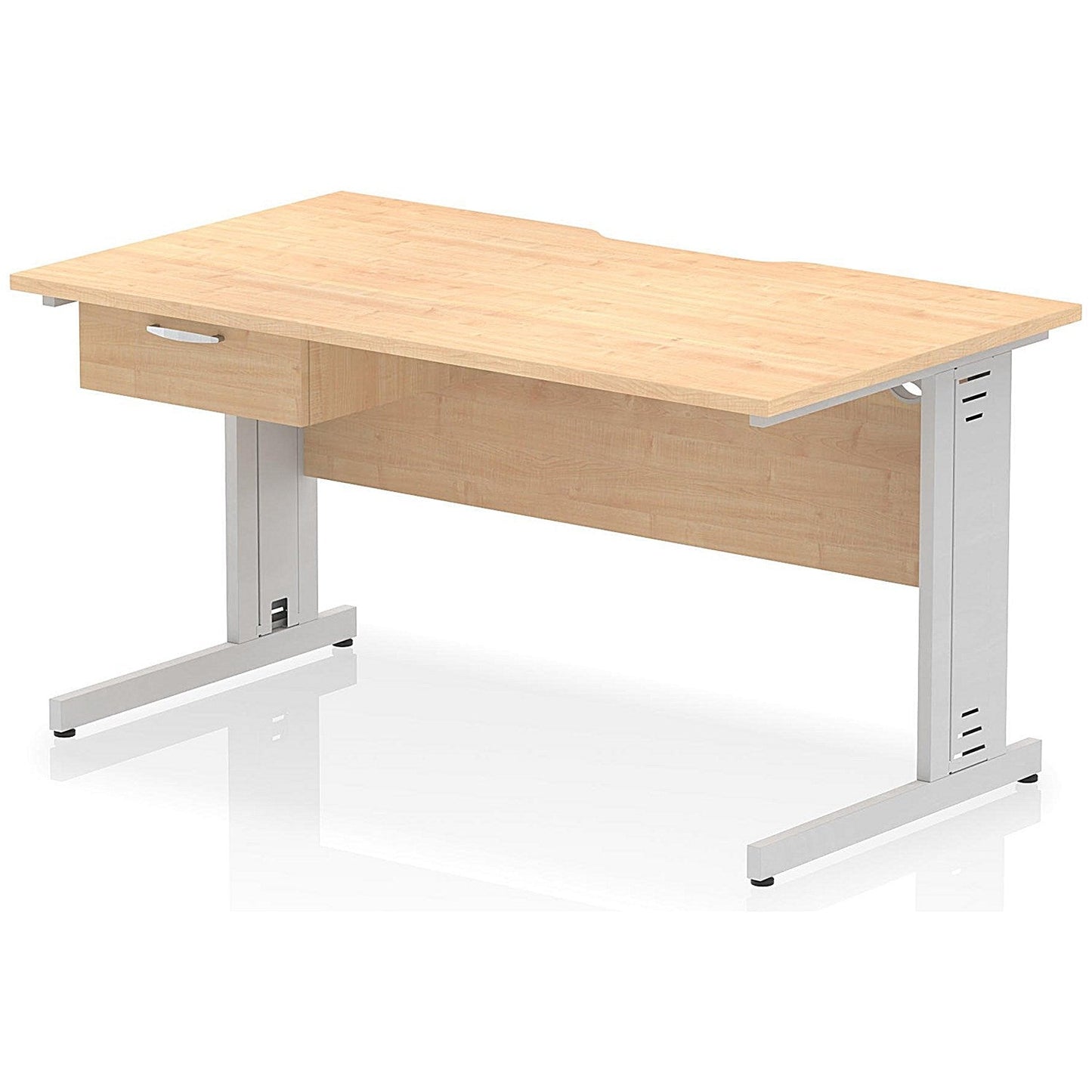 Impulse 1400mm Scalloped Edge Rectangular Desk, Silver Cable Managed Legs, Maple, With 1 x 1 Drawer Fixed Pedestal Easy2Order : I006060