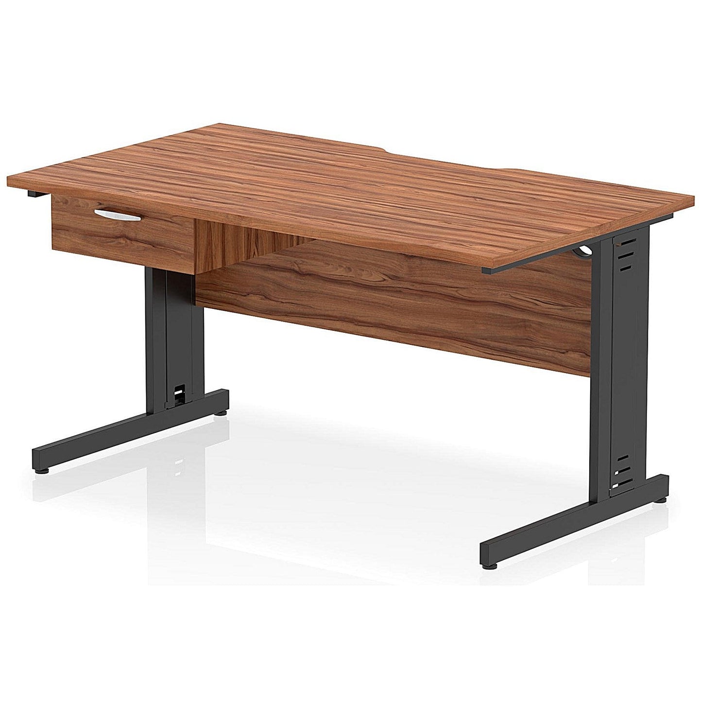 Impulse 1400mm Scalloped Edge Rectangular Desk, Black Cable Managed Legs, Walnut, With 1 x 1 Drawer Fixed Pedestal Easy2Order : I006065