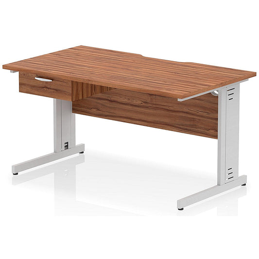 Impulse 1400mm Scalloped Edge Rectangular Desk, Silver Cable Managed Legs, Walnut, With 1 x 1 Drawer Fixed Pedestal Easy2Order : I006066