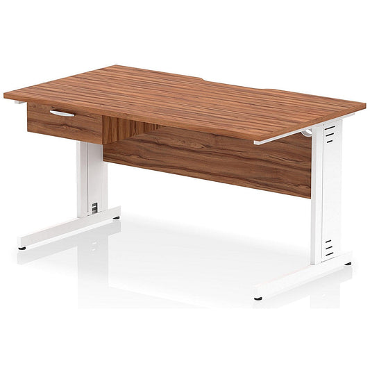 Impulse 1400mm Scalloped Edge Rectangular Desk, White Cable Managed Legs, Walnut, With 1 x 1 Drawer Fixed Pedestal Easy2Order : I006067