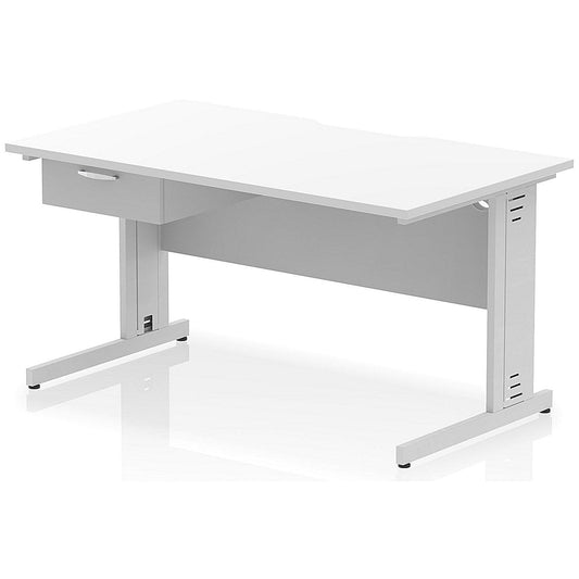 Impulse 1400mm Scalloped Edge Rectangular Desk, Silver Cable Managed Legs, White, With 1 x 1 Drawer Fixed Pedestal Easy2Order : I006069