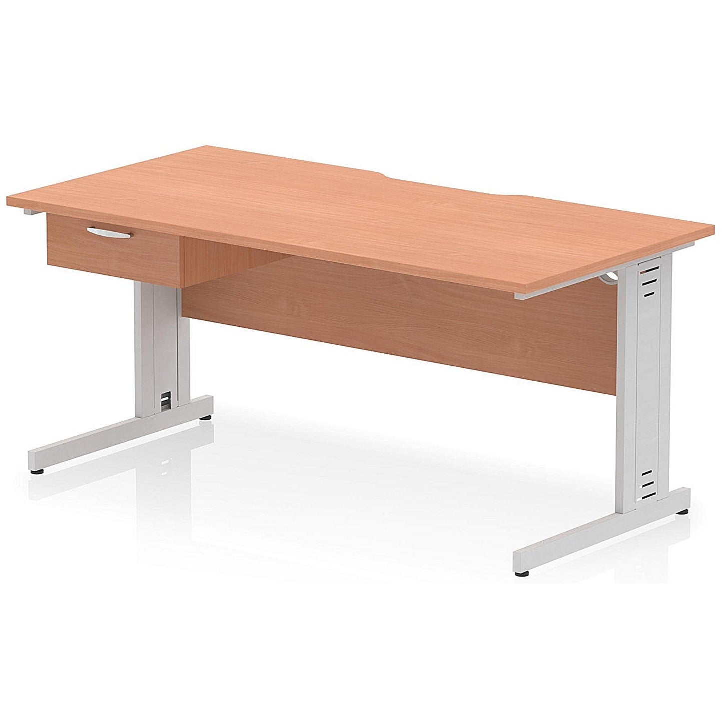 Impulse 1600mm Scalloped Edge Rectangular Desk, Silver Cable Managed Legs, Beech, With 1 x 1 Drawer Fixed Pedestal Easy2Order : I006072