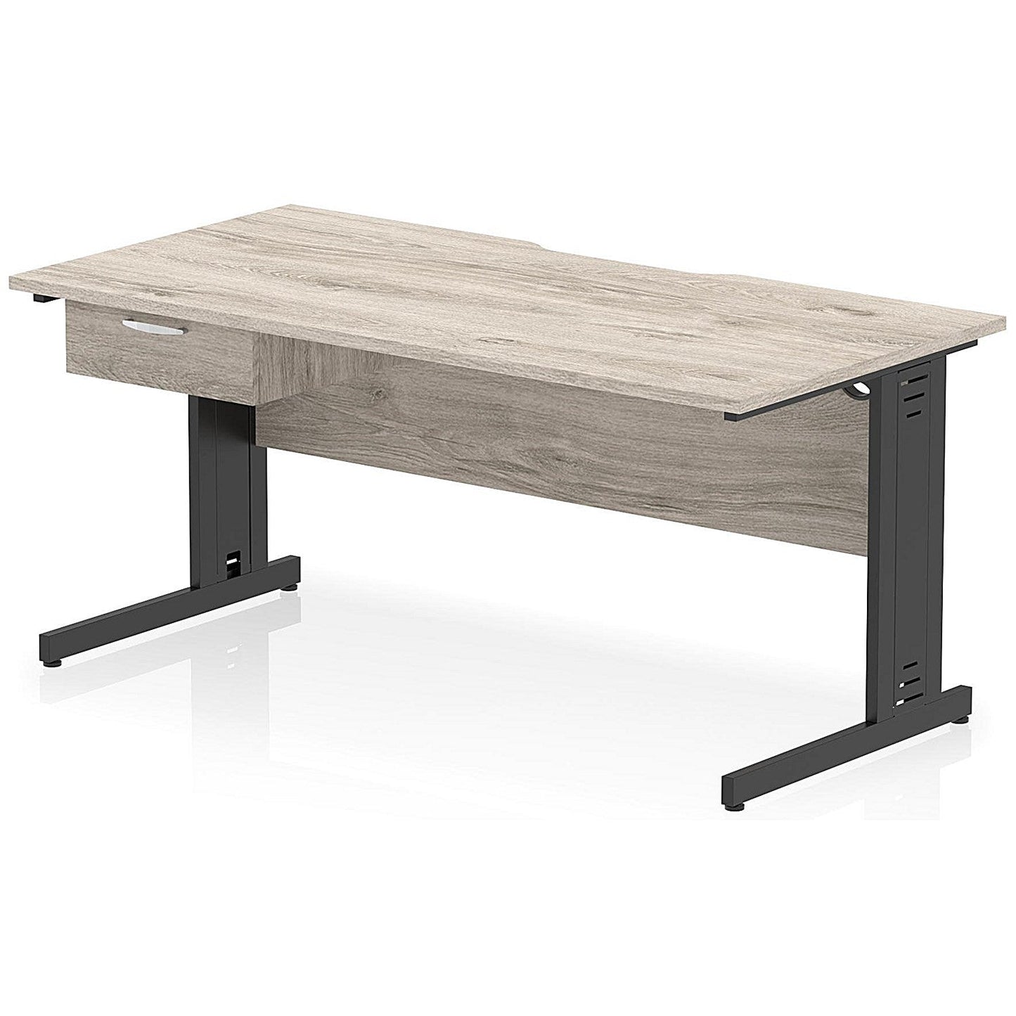 Impulse 1600mm Scalloped Edge Rectangular Desk, Black Cable Managed Legs, Grey Oak, With 1 x 1 Drawer Fixed Pedestal Easy2Order : I006074