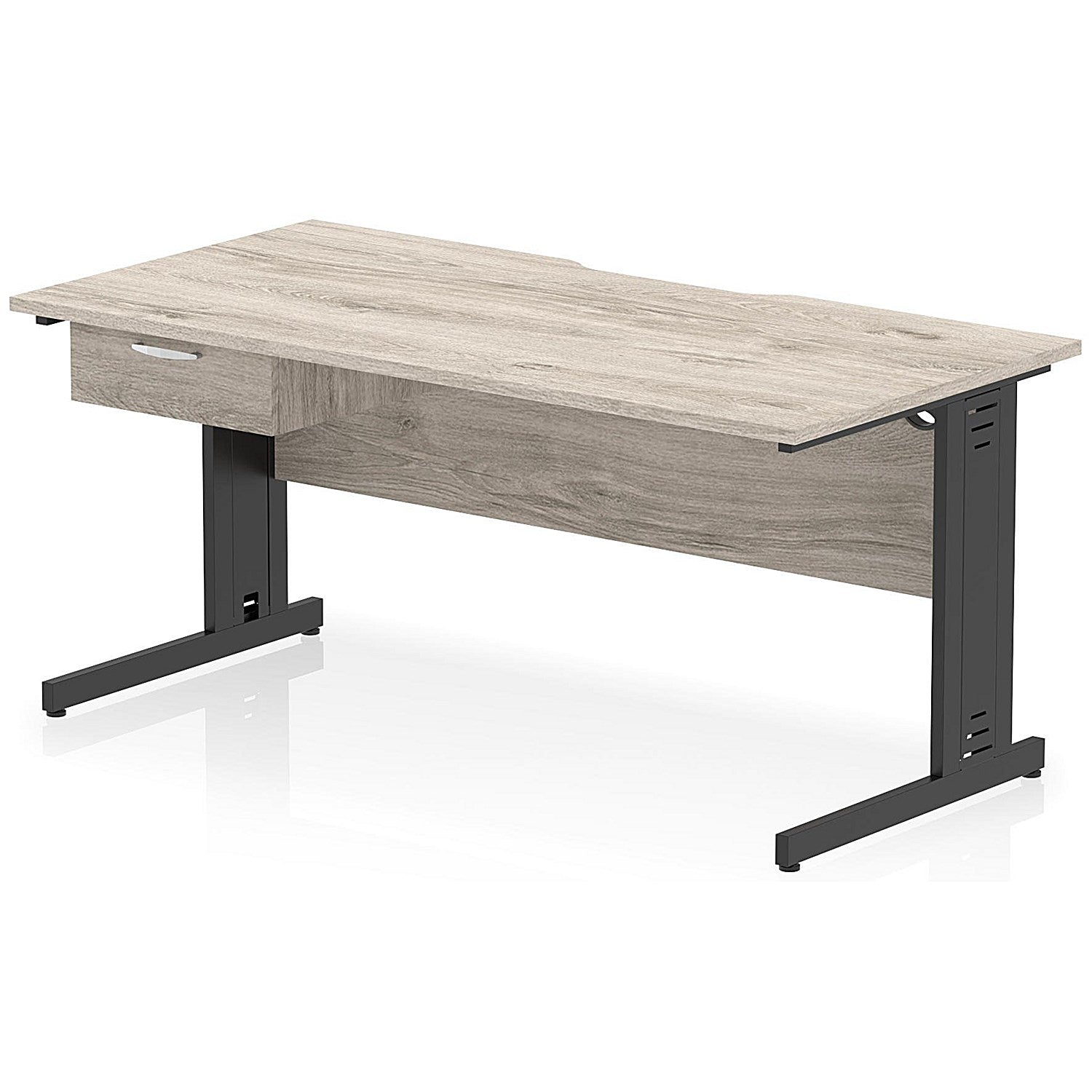 Impulse 1600mm Scalloped Edge Rectangular Desk, Black Cable Managed Legs, Grey Oak, With 1 x 1 Drawer Fixed Pedestal Easy2Order : I006074