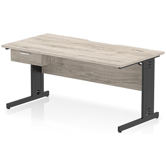 Impulse 1600mm Scalloped Edge Rectangular Desk, Black Cable Managed Legs, Grey Oak, With 1 x 1 Drawer Fixed Pedestal Easy2Order : I006074
