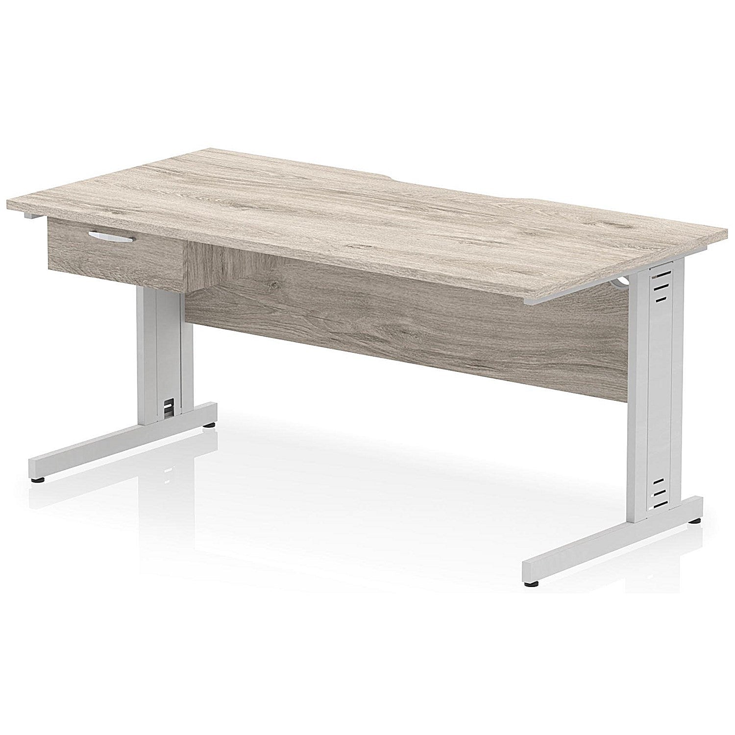 Impulse 1600mm Scalloped Edge Rectangular Desk, Silver Cable Managed Legs, Grey Oak, With 1 x 1 Drawer Fixed Pedestal Easy2Order : I006075