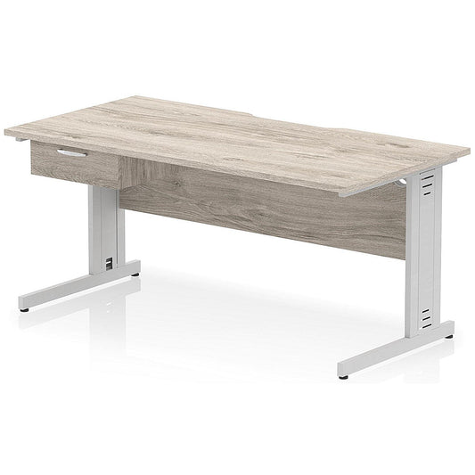 Impulse 1600mm Scalloped Edge Rectangular Desk, Silver Cable Managed Legs, Grey Oak, With 1 x 1 Drawer Fixed Pedestal Easy2Order : I006075