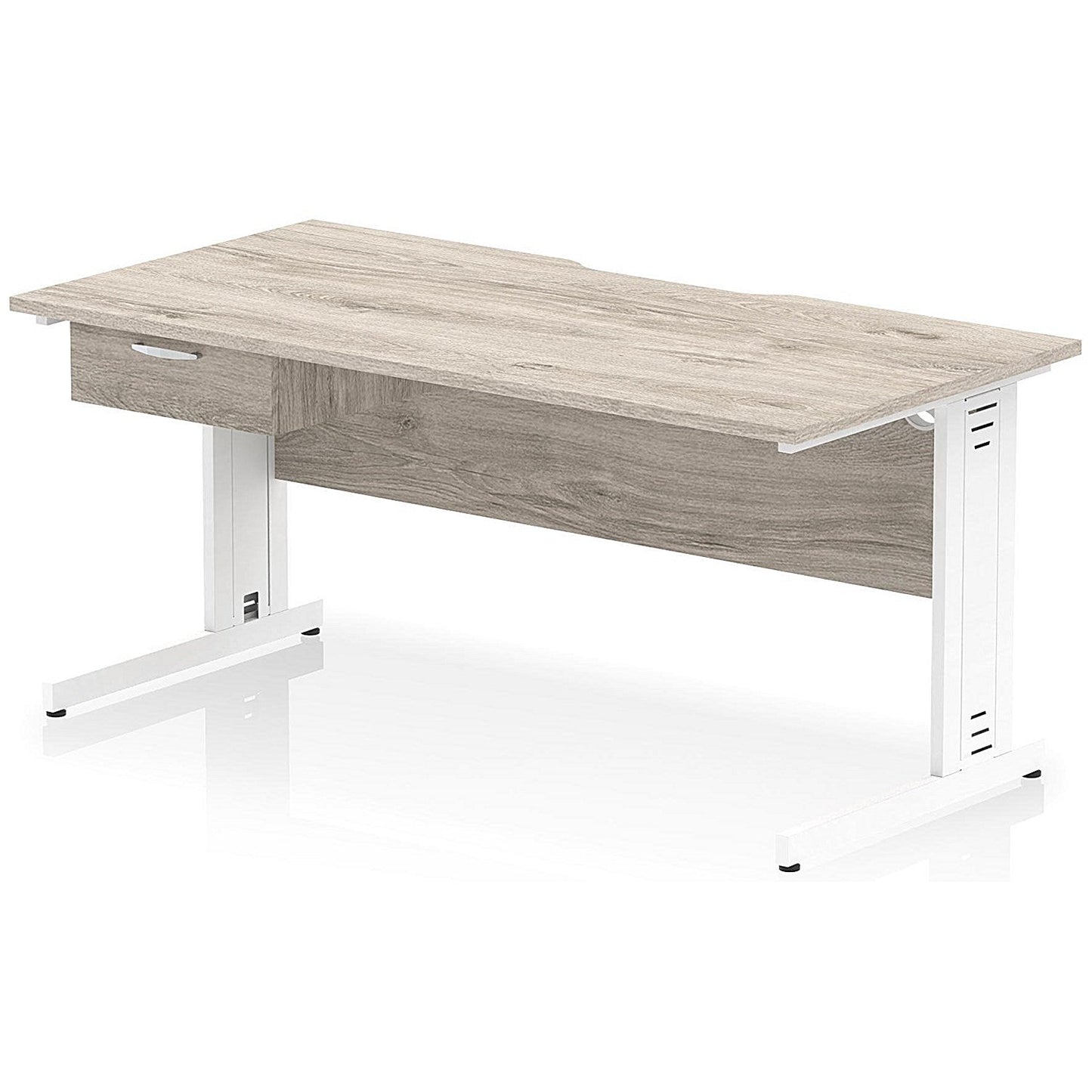 Impulse 1600mm Scalloped Edge Rectangular Desk, White Cable Managed Legs, Grey Oak, With 1 x 1 Drawer Fixed Pedestal Easy2Order : I006076
