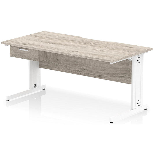 Impulse 1600mm Scalloped Edge Rectangular Desk, White Cable Managed Legs, Grey Oak, With 1 x 1 Drawer Fixed Pedestal Easy2Order : I006076