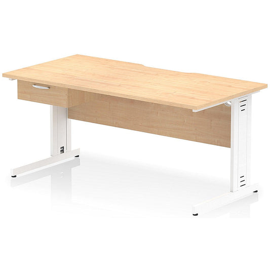 Impulse 1600mm Scalloped Edge Rectangular Desk, White Cable Managed Legs, Maple, With 1 x 1 Drawer Fixed Pedestal Easy2Order : I006079