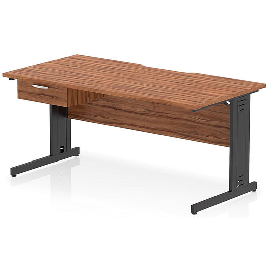 Impulse 1600mm Scalloped Edge Rectangular Desk, Black Cable Managed Legs, Walnut, With 1 x 1 Drawer Fixed Pedestal Easy2Order : I006083