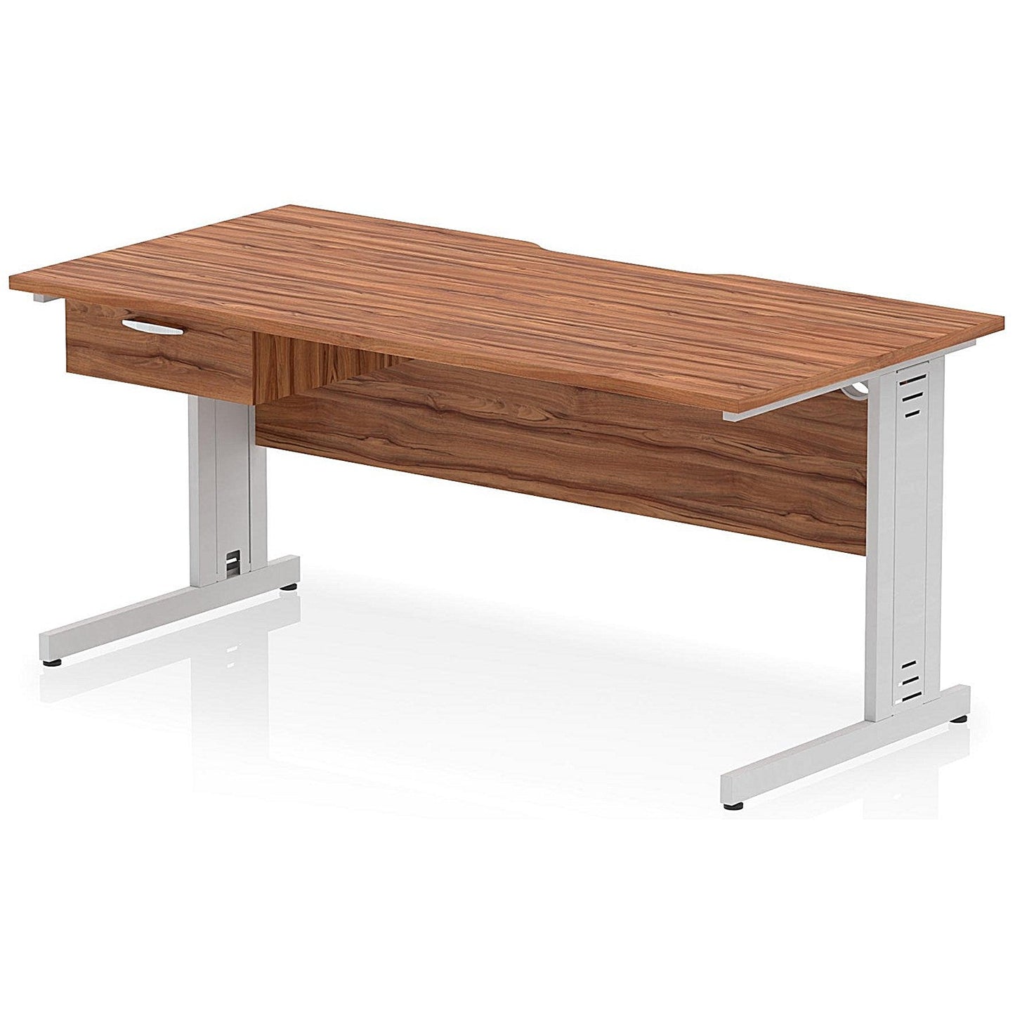 Impulse 1600mm Scalloped Edge Rectangular Desk, Silver Cable Managed Legs, Walnut, With 1 x 1 Drawer Fixed Pedestal Easy2Order : I006084