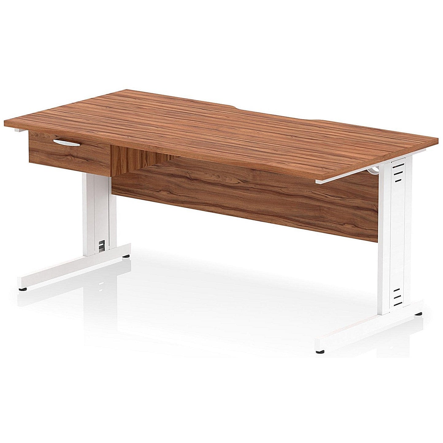 Impulse 1600mm Scalloped Edge Rectangular Desk, White Cable Managed Legs, Walnut, With 1 x 1 Drawer Fixed Pedestal Easy2Order : I006085