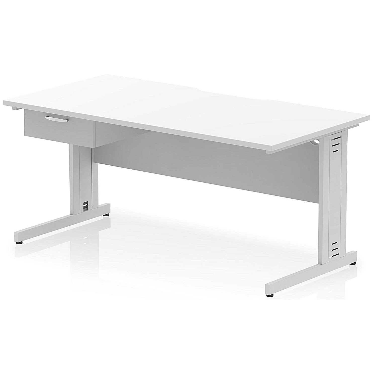 Impulse 1600mm Scalloped Edge Rectangular Desk, Silver Cable Managed Legs, White, With 1 x 1 Drawer Fixed Pedestal Easy2Order : I006087