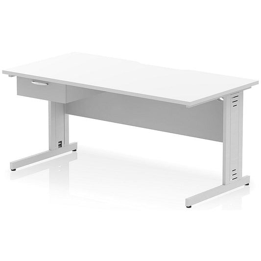 Impulse 1600mm Scalloped Edge Rectangular Desk, Silver Cable Managed Legs, White, With 1 x 1 Drawer Fixed Pedestal Easy2Order : I006087