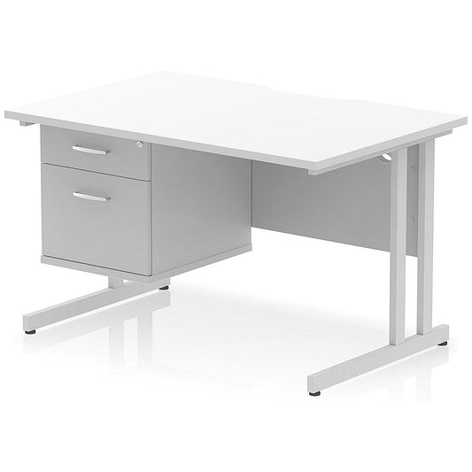 Impulse 1200mm Scalloped Edge Rectangular Desk, Silver Cantilever Legs, White, With 1 x 2 Drawer Fixed Pedestal Easy2Order : I006123