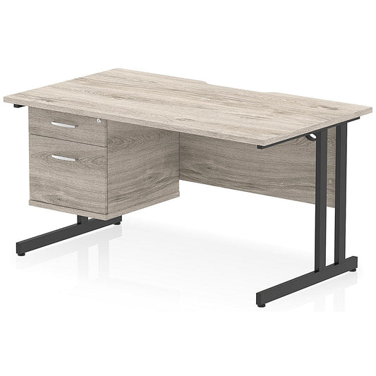 Impulse 1400mm Scalloped Edge Rectangular Desk, Black Cantilever Legs, Grey Oak, With 1 x 2 Drawer Fixed Pedestal Easy2Order : I006128