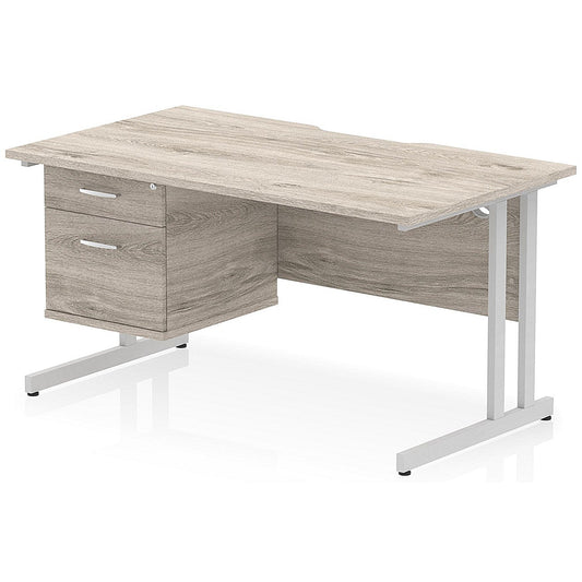 Impulse 1400mm Scalloped Edge Rectangular Desk, Silver Cantilever Legs, Grey Oak, With 1 x 2 Drawer Fixed Pedestal Easy2Order : I006129