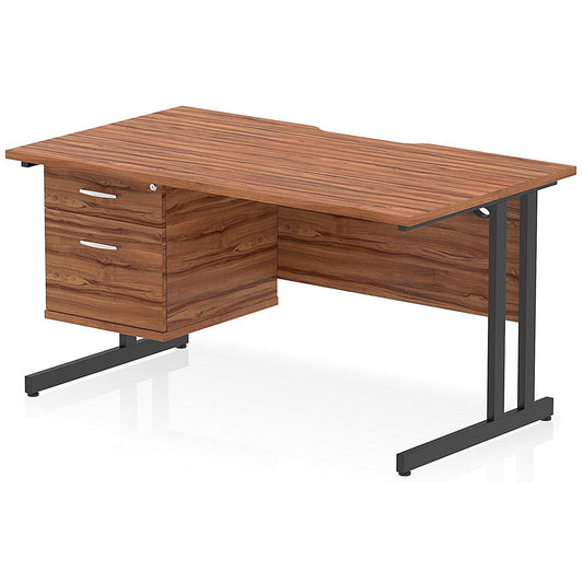 Impulse 1400mm Scalloped Edge Rectangular Desk, Black Cantilever Legs, Walnut, With 1 x 2 Drawer Fixed Pedestal Easy2Order : I006137