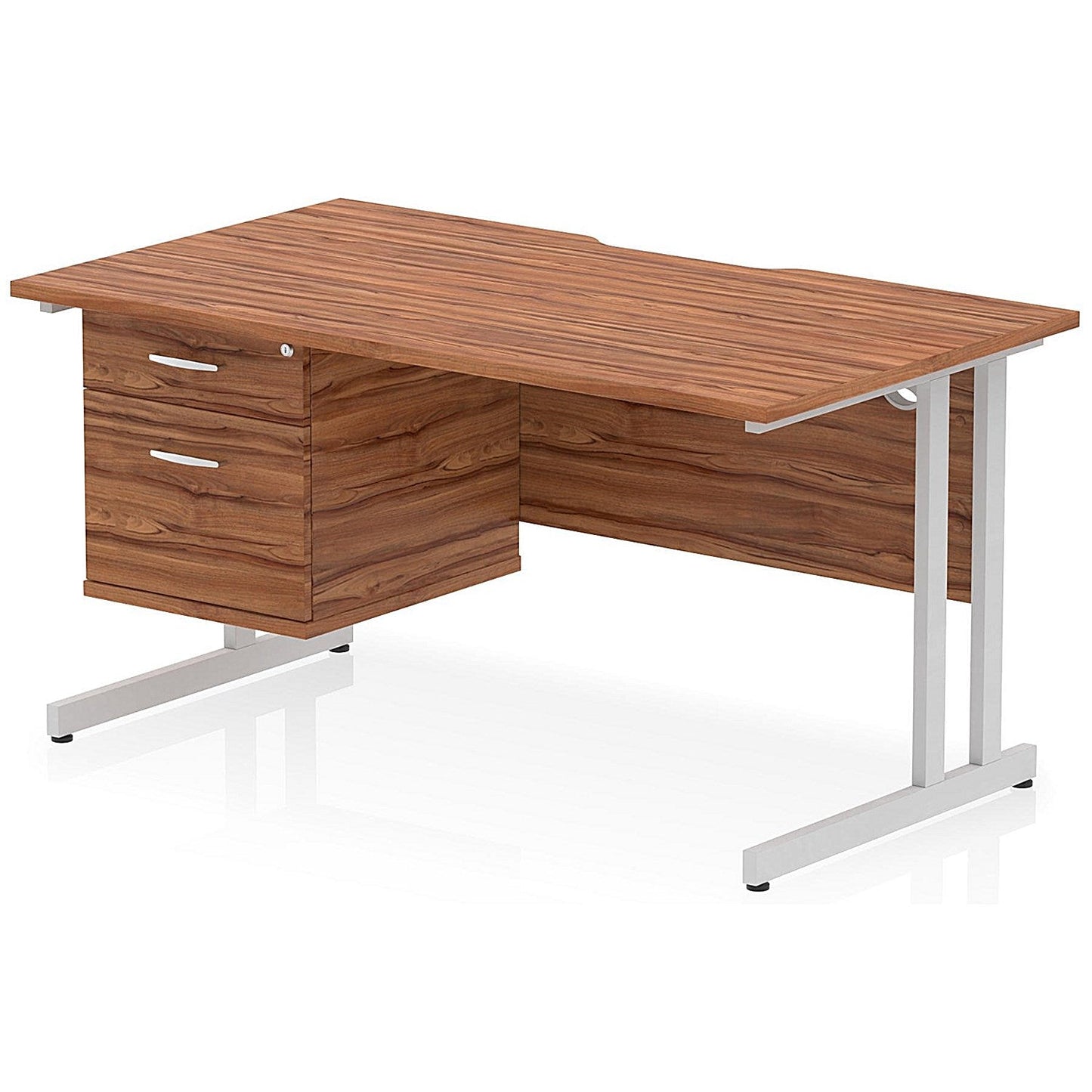 Impulse 1400mm Scalloped Edge Rectangular Desk, Silver Cantilever Legs, Walnut, With 1 x 2 Drawer Fixed Pedestal Easy2Order : I006138