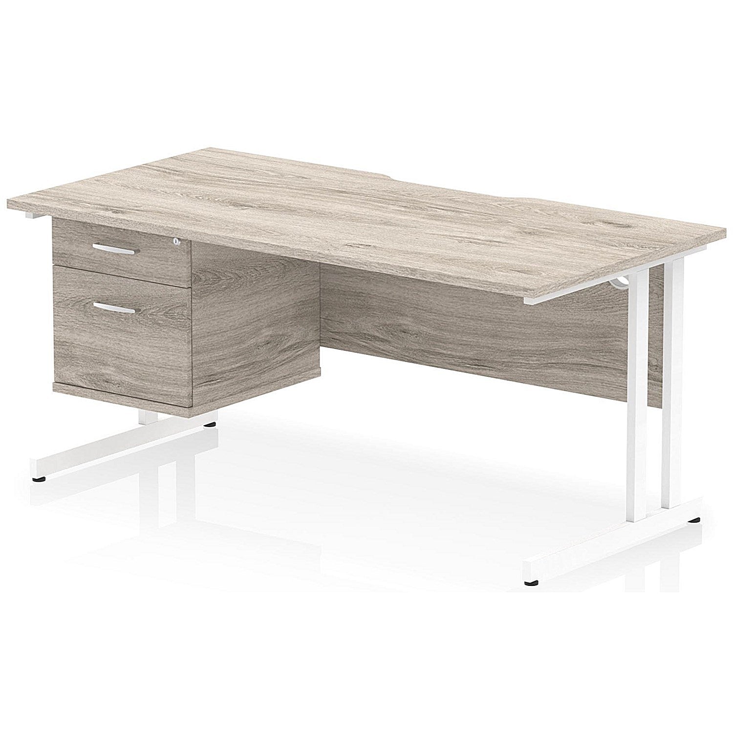 Impulse 1600mm Scalloped Edge Rectangular Desk, White Cantilever Legs, Grey Oak, With 1 x 2 Drawer Fixed Pedestal Easy2Order : I006148