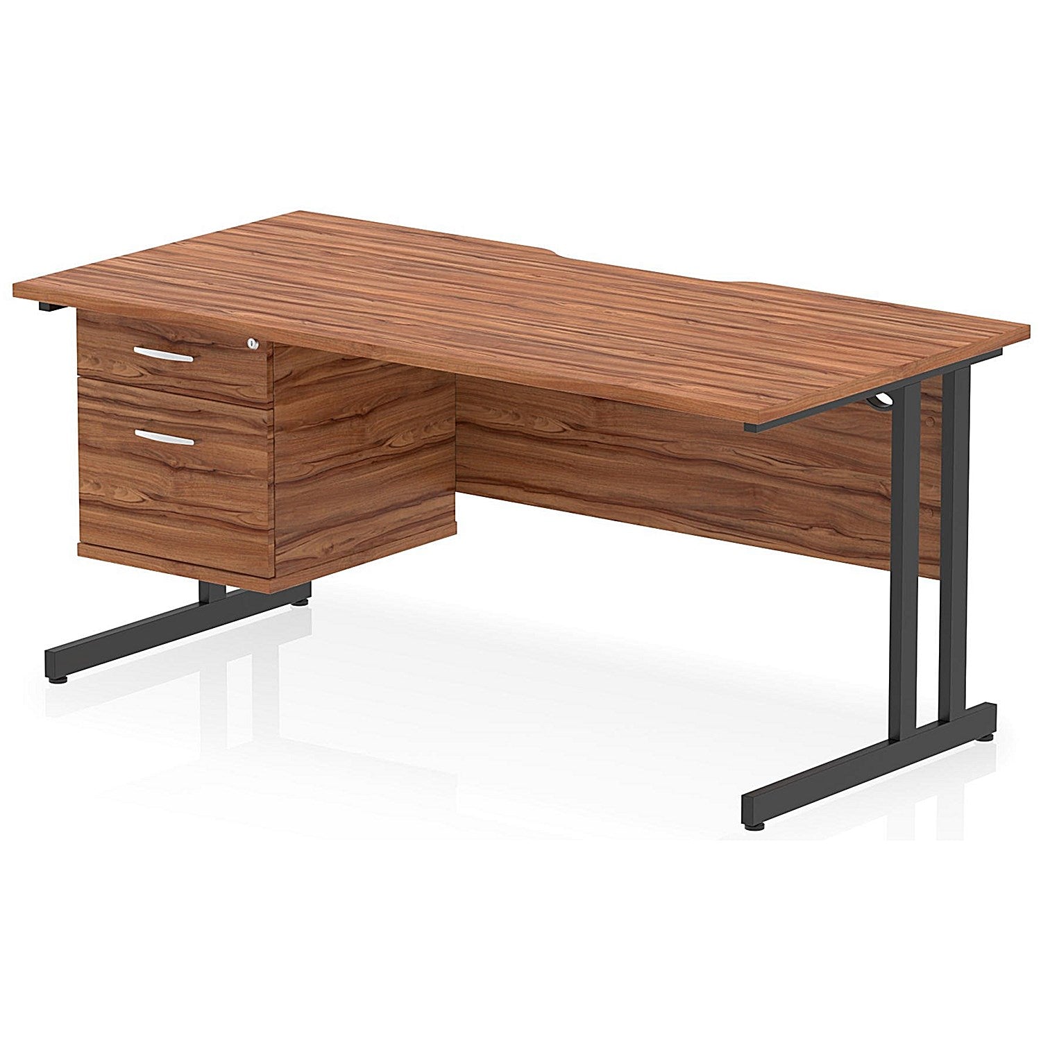Impulse 1600mm Scalloped Edge Rectangular Desk, Black Cantilever Legs, Walnut, With 1 x 2 Drawer Fixed Pedestal Easy2Order : I006155