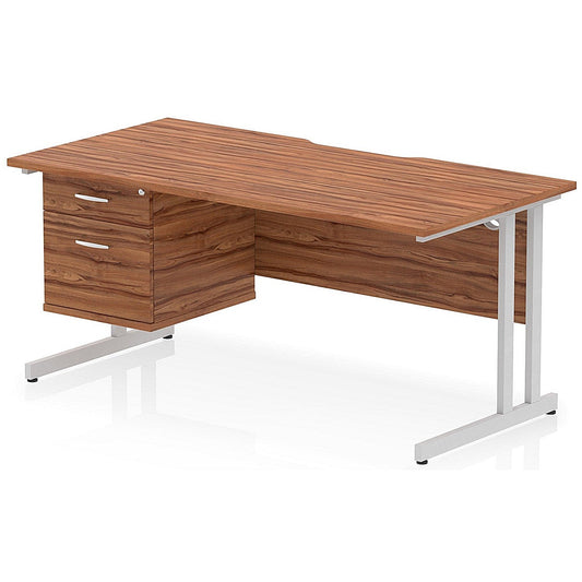 Impulse 1600mm Scalloped Edge Rectangular Desk, Silver Cantilever Legs, Walnut, With 1 x 2 Drawer Fixed Pedestal Easy2Order : I006156