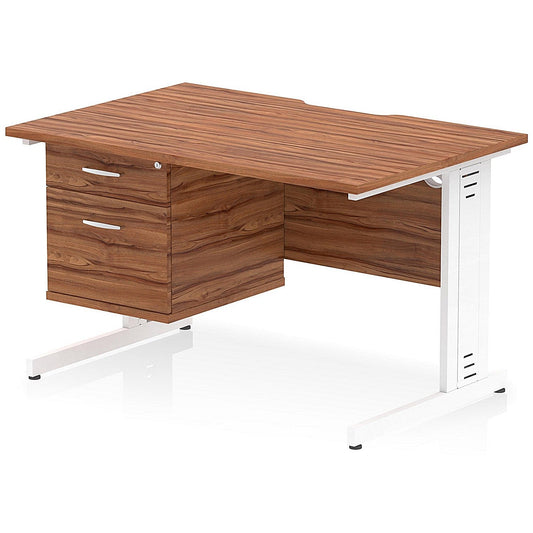 Impulse 1200mm Scalloped Edge Rectangular Desk, White Cable Managed Legs, Walnut, With 1 x 2 Drawer Fixed Pedestal Easy2Order : I006175