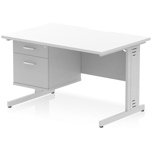 Impulse 1200mm Scalloped Edge Rectangular Desk, Silver Cable Managed Legs, White, With 1 x 2 Drawer Fixed Pedestal Easy2Order : I006177