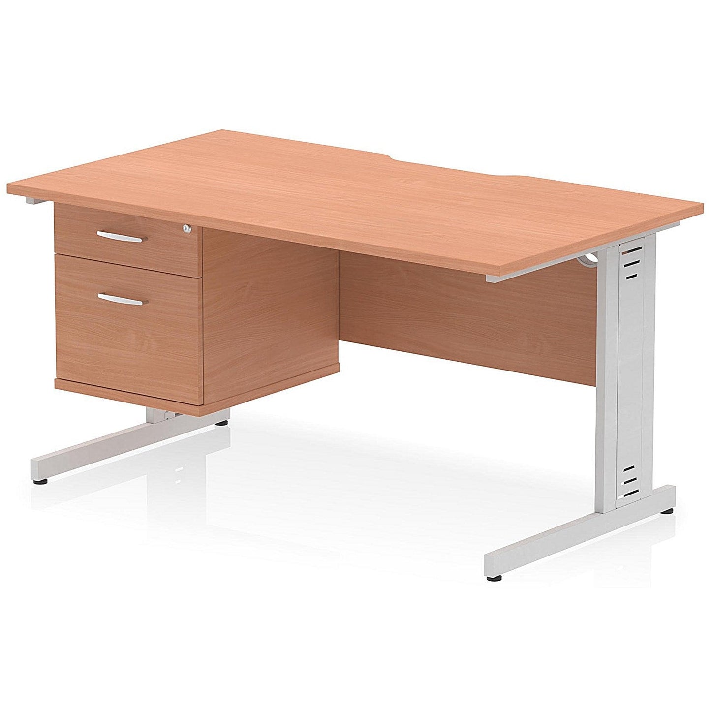 Impulse 1400mm Scalloped Edge Rectangular Desk, Silver Cable Managed Legs, Beech, With 1 x 2 Drawer Fixed Pedestal Easy2Order : I006180