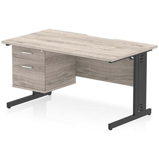 Impulse 1400mm Scalloped Edge Rectangular Desk, Black Cable Managed Legs, Grey Oak, With 1 x 2 Drawer Fixed Pedestal Easy2Order : I006182
