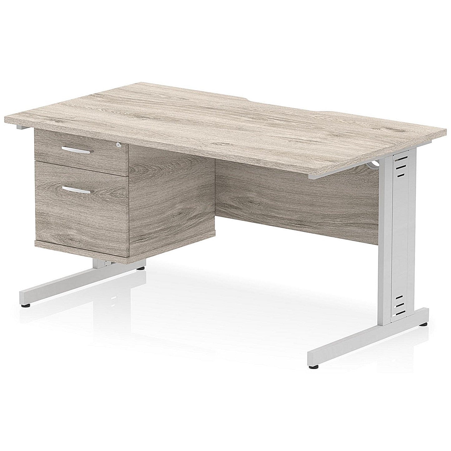 Impulse 1400mm Scalloped Edge Rectangular Desk, Silver Cable Managed Legs, Grey Oak, With 1 x 2 Drawer Fixed Pedestal Easy2Order : I006183