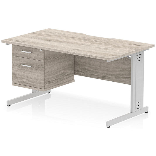 Impulse 1400mm Scalloped Edge Rectangular Desk, Silver Cable Managed Legs, Grey Oak, With 1 x 2 Drawer Fixed Pedestal Easy2Order : I006183