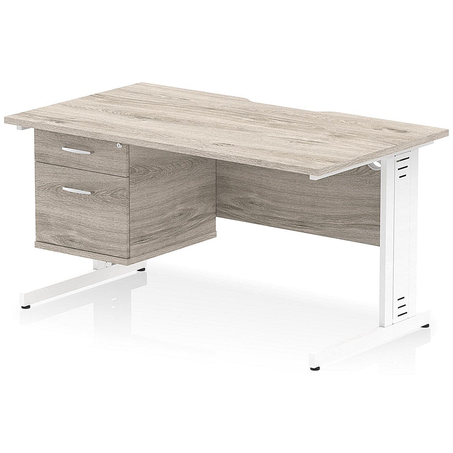 Impulse 1400mm Scalloped Edge Rectangular Desk, White Cable Managed Legs, Grey Oak, With 1 x 2 Drawer Fixed Pedestal Easy2Order : I006184