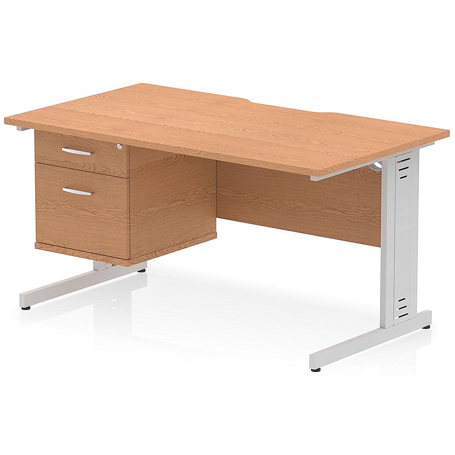 Impulse 1400mm Scalloped Edge Rectangular Desk, Silver Cable Managed Legs, Oak, With 1 x 2 Drawer Fixed Pedestal Easy2Order : I006189