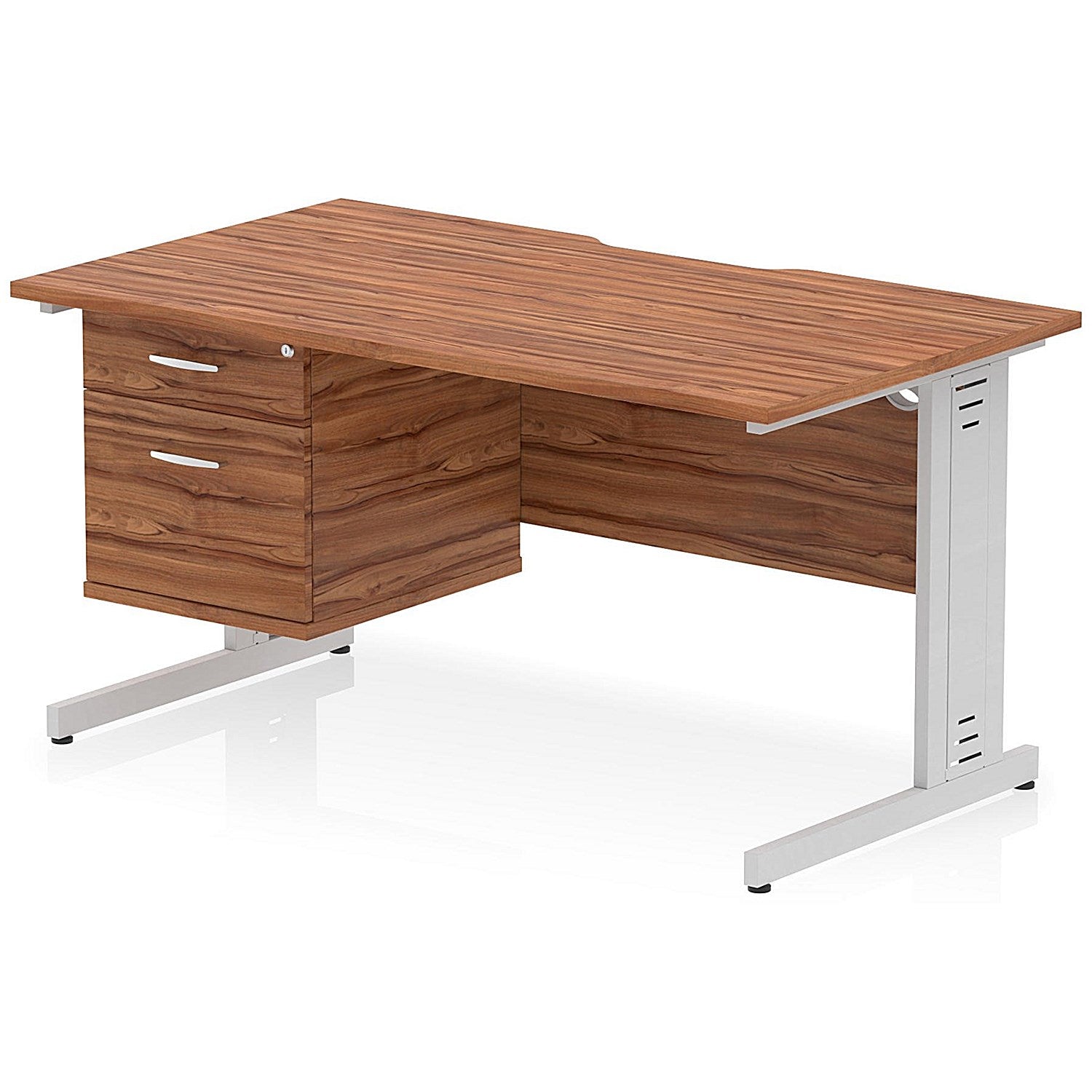 Impulse 1400mm Scalloped Edge Rectangular Desk, Silver Cable Managed Legs, Walnut, With 1 x 2 Drawer Fixed Pedestal Easy2Order : I006192