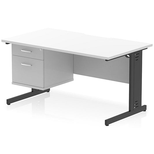 Impulse 1400mm Scalloped Edge Rectangular Desk, Black Cable Managed Legs, White, With 1 x 2 Drawer Fixed Pedestal Easy2Order : I006194