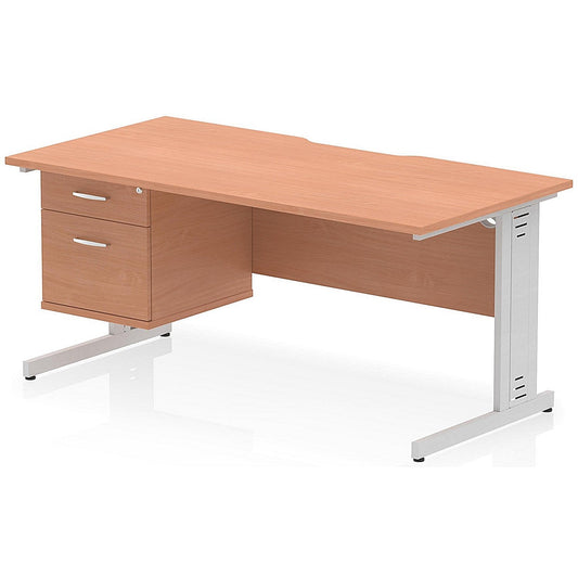 Impulse 1600mm Scalloped Edge Rectangular Desk, Silver Cable Managed Legs, Beech, With 1 x 2 Drawer Fixed Pedestal Easy2Order : I006198