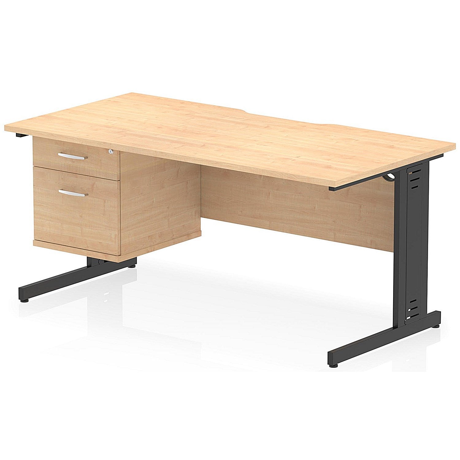 Impulse 1600mm Scalloped Edge Rectangular Desk, Black Cable Managed Legs, Maple, With 1 x 2 Drawer Fixed Pedestal Easy2Order : I006203