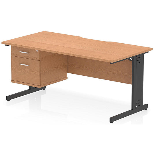 Impulse 1600mm Scalloped Edge Rectangular Desk, Black Cable Managed Legs, Oak, With 1 x 2 Drawer Fixed Pedestal Easy2Order : I006206