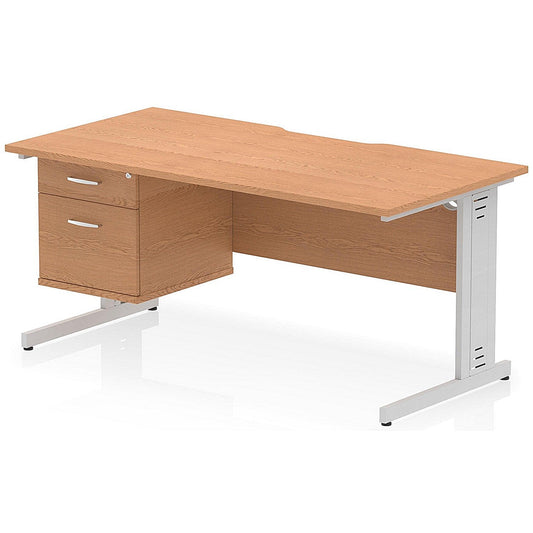 Impulse 1600mm Scalloped Edge Rectangular Desk, Silver Cable Managed Legs, Oak, With 1 x 2 Drawer Fixed Pedestal Easy2Order : I006207