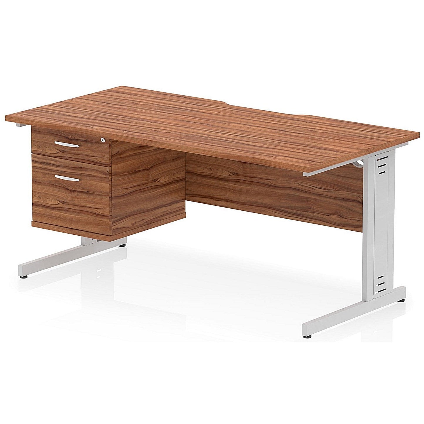 Impulse 1600mm Scalloped Edge Rectangular Desk, Silver Cable Managed Legs, Walnut, With 1 x 2 Drawer Fixed Pedestal Easy2Order : I006210