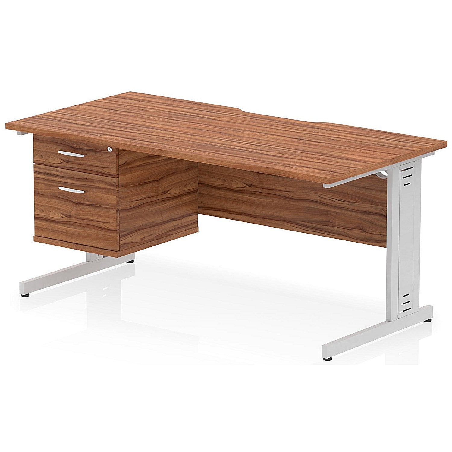Impulse 1600mm Scalloped Edge Rectangular Desk, Silver Cable Managed Legs, Walnut, With 1 x 2 Drawer Fixed Pedestal Easy2Order : I006210
