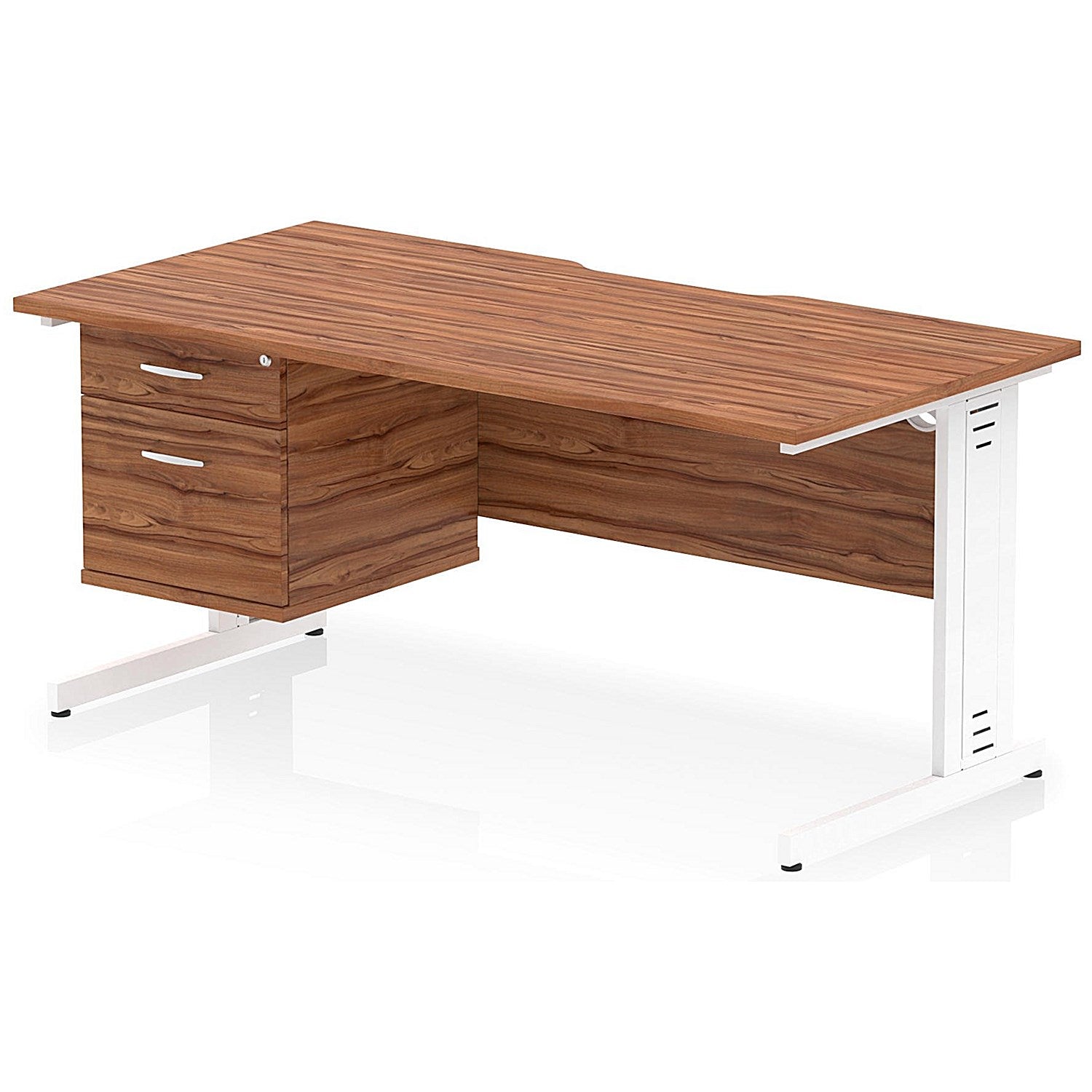Impulse 1600mm Scalloped Edge Rectangular Desk, White Cable Managed Legs, Walnut, With 1 x 2 Drawer Fixed Pedestal Easy2Order : I006211