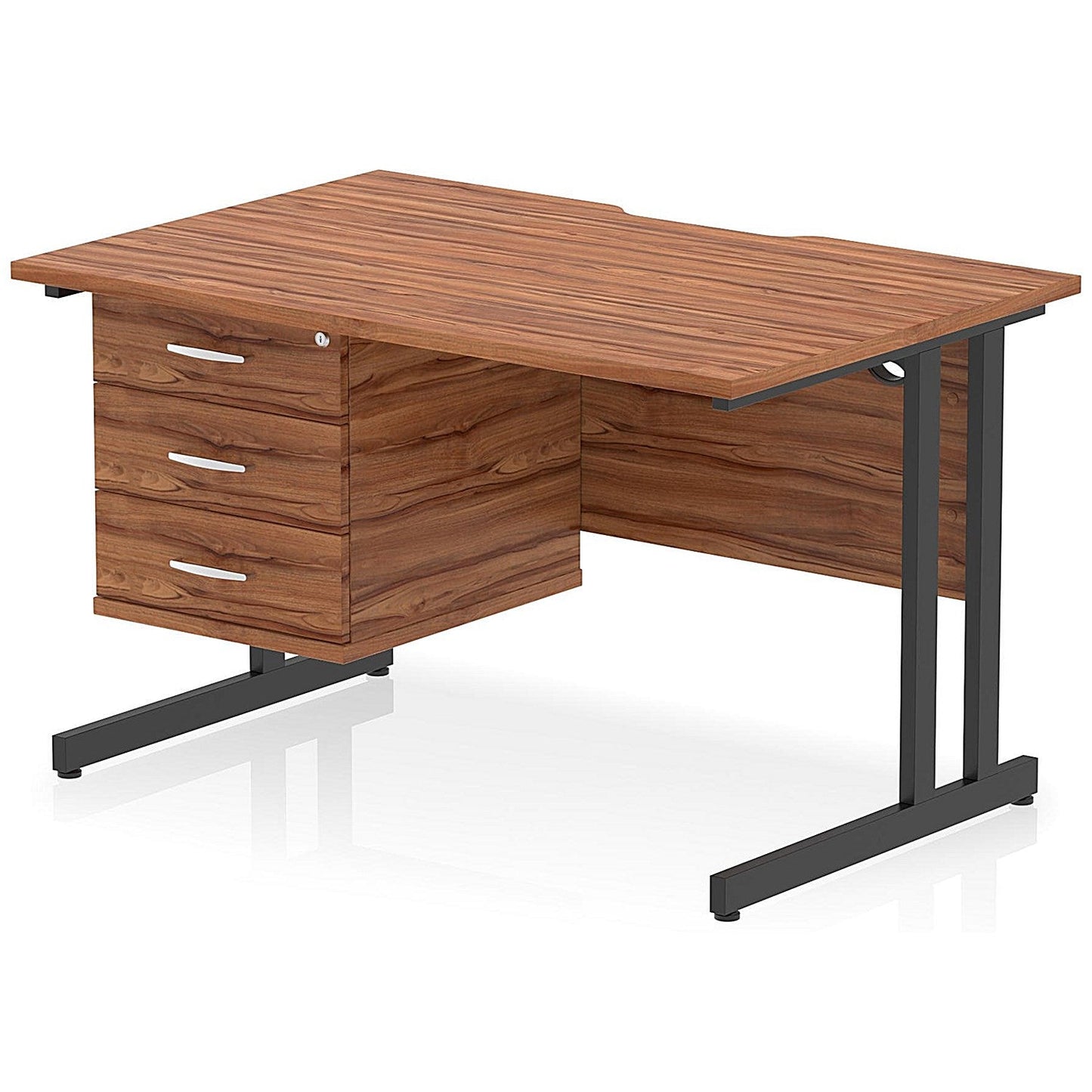 Impulse 1200mm Scalloped Edge Rectangular Desk, Black Cantilever Legs, Walnut, With 1 x 3 Drawer Fixed Pedestal Easy2Order : I006245
