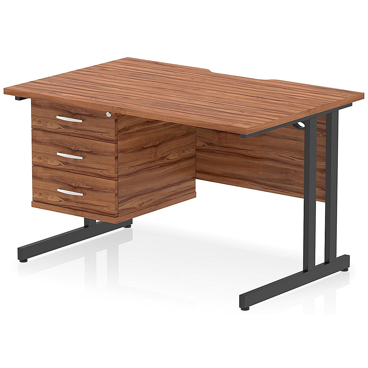 Impulse 1200mm Scalloped Edge Rectangular Desk, Black Cantilever Legs, Walnut, With 1 x 3 Drawer Fixed Pedestal Easy2Order : I006245