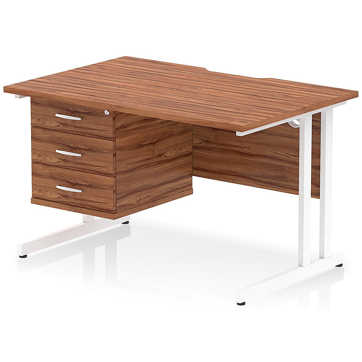 Impulse 1200mm Scalloped Edge Rectangular Desk, White Cantilever Legs, Walnut, With 1 x 3 Drawer Fixed Pedestal Easy2Order : I006247